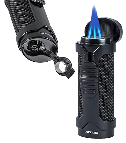 Lotus Armor Triple Torch Flame Cigar Lighter with Cigar Rest and Punch Cutter in Open Positions